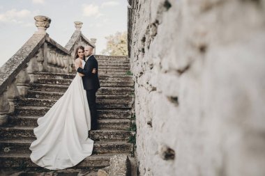 Muhteşem bir düğün çifti parktaki eski şatonun yakınındaki taş merdivenlerde yürüyor. Eski binanın arka planında poz veren muhteşem gelinlik ve damatla şık bir gelin.