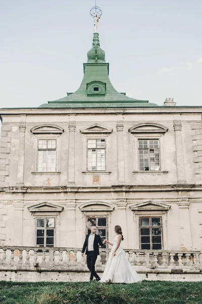 美しい公園の古い城の近くの日光の中を歩く豪華な結婚式のカップル 古代の建物や自然を背景にしたスタイリッシュな美しい花嫁と新郎 — ストック写真