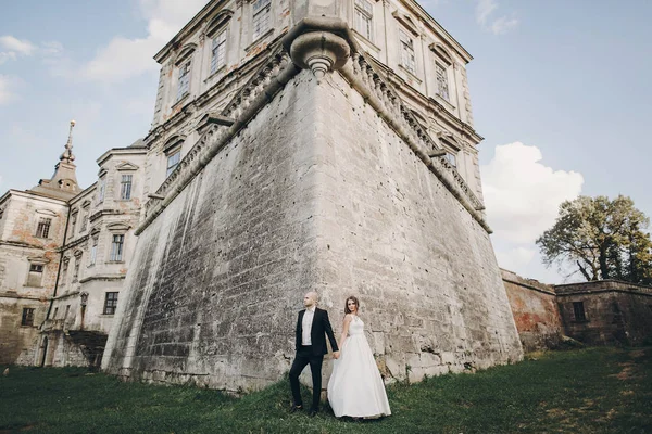 Superbe Couple Mariage Posant Soleil Près Vieux Château Dans Magnifique — Photo