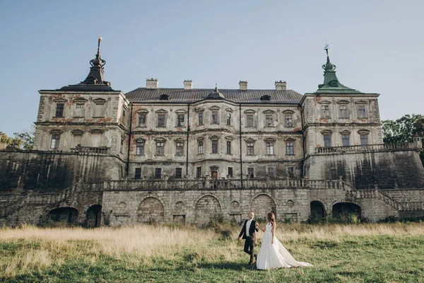 美しい公園の古い城の近くの日光の中を歩く豪華な結婚式のカップル 古代の建物や自然を背景にしたスタイリッシュな美しい花嫁と新郎の手を保持 — ストック写真