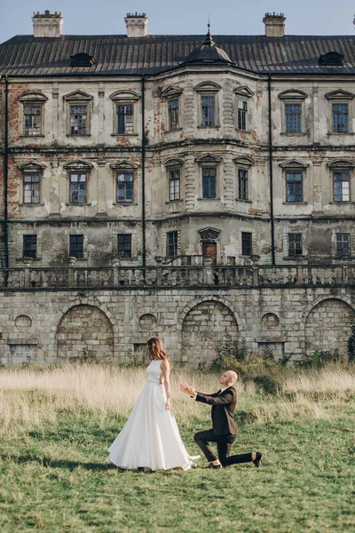 公園の古い城の近くに楽しい豪華な花嫁と新郎 膝の上の新郎 結婚式の提案スタイリッシュな結婚式のカップルが優しく受け入れ笑顔 ロマンチックな瞬間 — ストック写真