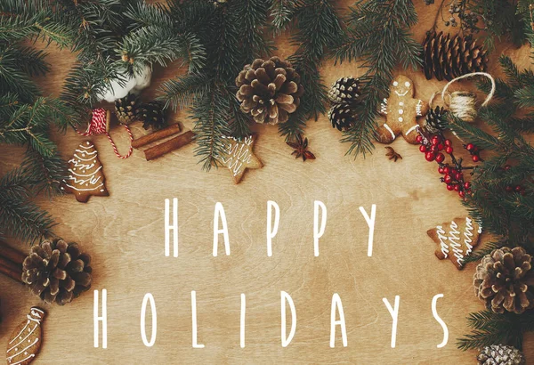 Cartel de texto de Happy Holidays en elegante marco rústico de rama de pino —  Fotos de Stock