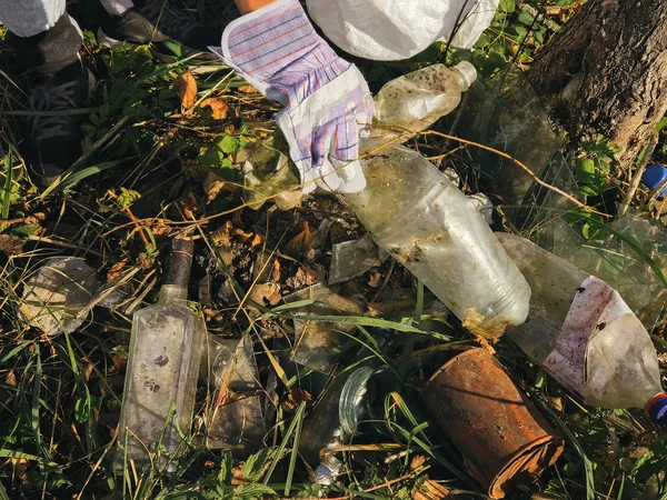 Volunteer picking up dirty plastic bottles in park. Woman hand i — Stock Photo, Image