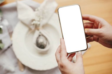 Paskalya düzlüklerinin arka planında boş ekran olan telefon