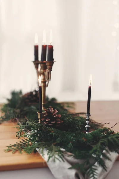 Stylish rustic christmas arrangement for festive dinner. Fir bra — Stock Photo, Image