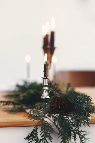 Stylish rustic christmas arrangement for festive dinner. Fir bra — Stock Photo, Image