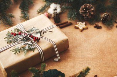 Şık kırsal noel hediyesi ve çam ağaçları, kozalaklar, zencefil