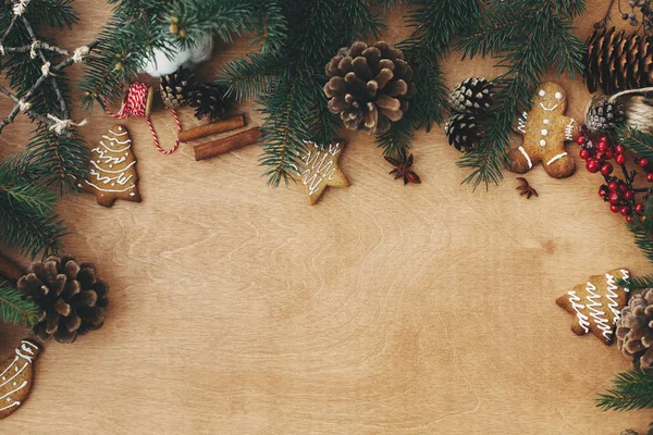 Moldura de Natal elegante de ramos de pinho, cones, gingerbread coo — Fotografia de Stock