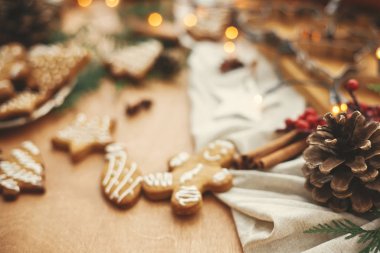 Çam kozalağı arka planda zencefilli kurabiye, anason, c