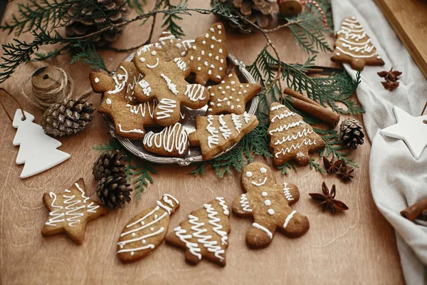 Christmas gingerbread cookies on vintage plate and anise, cinnam — Stock Photo, Image