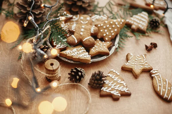 Christmas gingerbread cookies on vintage plate and anise, cinnam — Stock Photo, Image