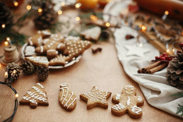 Christmas gingerbread cookies on vintage plate and anise, cinnam — Stock Photo, Image