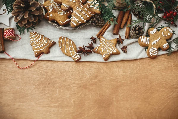 Festive gingerbread cookies with anise, cinnamon, pine cones, ce — Stock Photo, Image