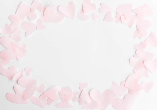 Happy valentines day. Cute pink pastel hearts frame on white pap — 스톡 사진