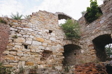 Ortaçağ şatosu ve ağaçlarından oluşan eski harabe duvarlar, Avrupa 'daki tarihi savunma kalesi. Terebovlya Kalesi, Ukrayna. Pencereli taş duvarlar, yeşil tepedeki şato..