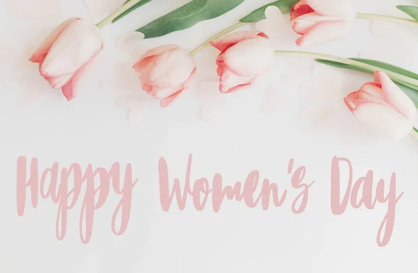 Happy Womens Day Happy Women Day Text Pink Tulips Floral — Stock Photo, Image