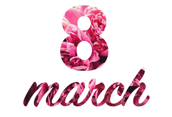 Março Letras Florais Texto Elegante Março Flores Peônia Rosa Isolado — Fotografia de Stock