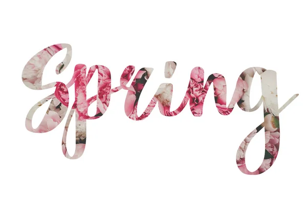 Spring Floral Lettering Stylish Hello Spring Text Pink Peony Flowers — Stock Photo, Image