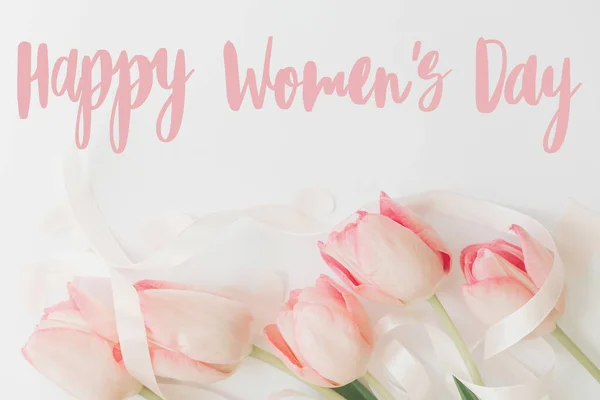 Happy Womens Day Happy Women Day Text Pink Tulips Floral — Stock Photo, Image