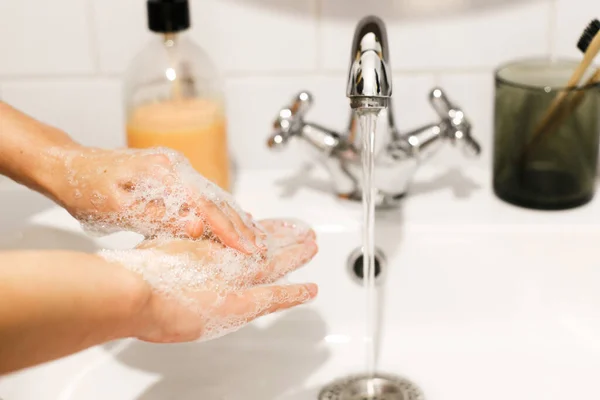 Handen Wassen Handen Wassen Met Juiste Techniek Antibacteriële Zeep Achtergrond — Stockfoto