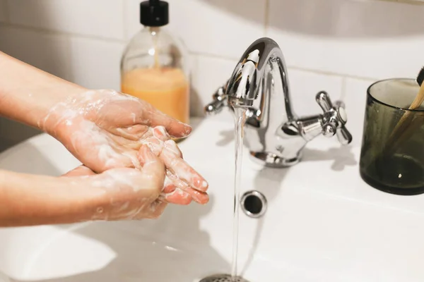 Washing Hands Hands Washing Soap Foam Background Flowing Water Bathroom — Stock Photo, Image