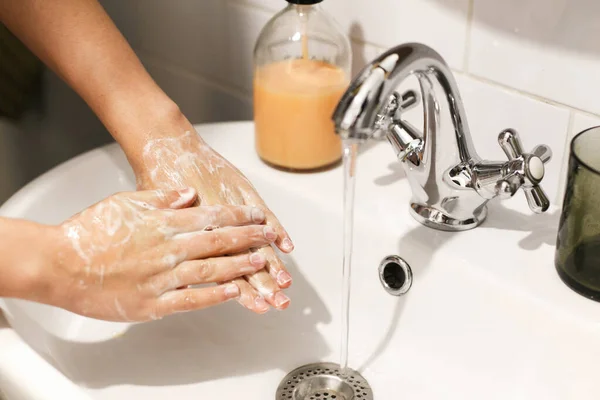 Handen Wassen Handen Wassen Met Juiste Techniek Antibacteriële Zeep Achtergrond — Stockfoto