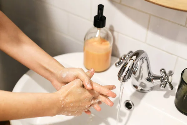 Washing Hands Hands Washing Soap Foam Background Water Flowing Faucet — Stock Photo, Image