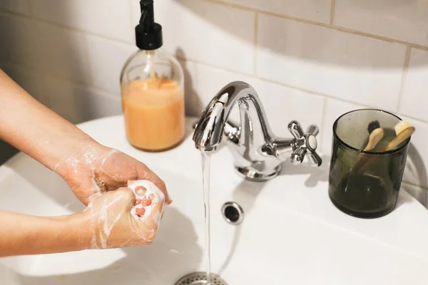 Washing Hands Hands Washing Soap Foam Background Flowing Water Bathroom — Stock Photo, Image