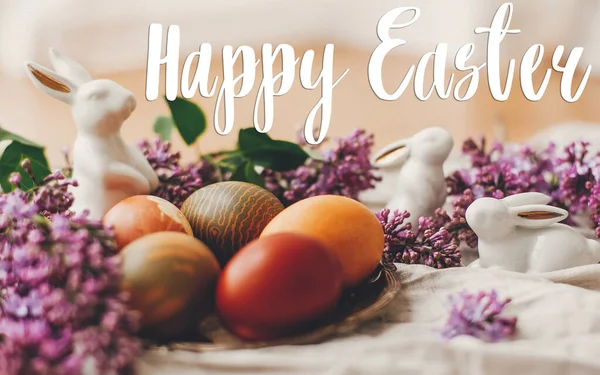 Feliz Mensaje Pascua Tarjeta Felicitación Pascua Elegantes Huevos Pascua Conejitos — Foto de Stock