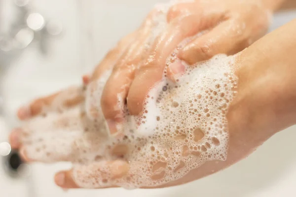 Handen Wassen Handen Wassen Met Antibacteriële Zeep Juiste Techniek Achtergrond — Stockfoto