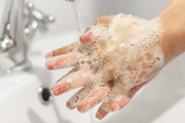 Wrijven Vingers Wassen Handen Met Antibacteriële Zeep Juiste Techniek Achtergrond — Stockfoto