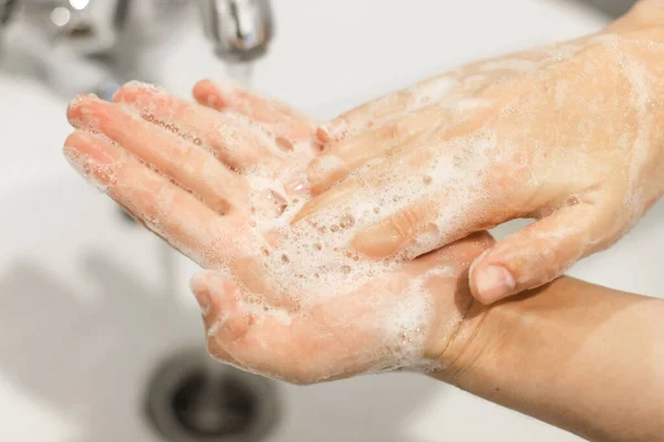 Handen Wassen Wrijven Palmen Handen Wassen Met Antibacteriële Zeep Juiste — Stockfoto