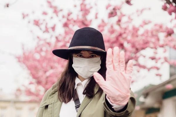 Social Distancing Stay Away Hipster Girl Face Mask Showing Stop — Stock Photo, Image