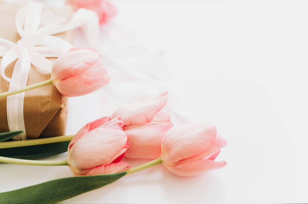 Pink tulips with ribbon on white background with gift box. Stylish tender image. Happy womens day. Greeting card with space for text. Happy Mothers day.