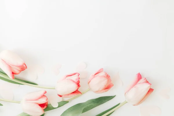 Een Lenteplek Roze Tulpen Witte Achtergrond Met Ruimte Voor Tekst — Stockfoto