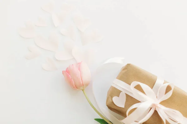 Romantyczne Walentynki Różowy Tulipan Płaski Leżak Pudełko Wstążką Białym Tle — Zdjęcie stockowe