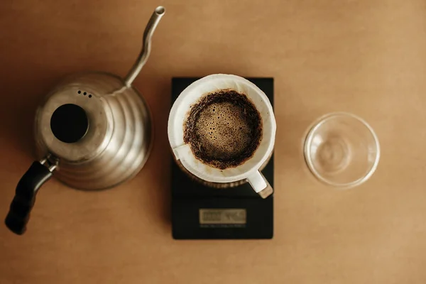 Drip Coffee Flat Lay Steel Kettle Brewing Coffee Filter Pour — Stock Photo, Image