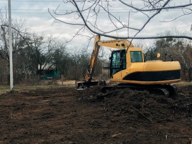Kazıcı, kırsaldaki ağaçların kökünü kazıyor. Buldozer eski ağaçları, kökleri ve dalları toprak ve çöplerle temizliyor. Kazma makineleri. Bahçe işleri
