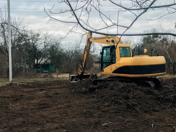 挖掘机在农村的土地上拔树 推土机用泥土和垃圾清除老树 树根和树枝上的土地 反铲机械 院子里的活 — 图库照片