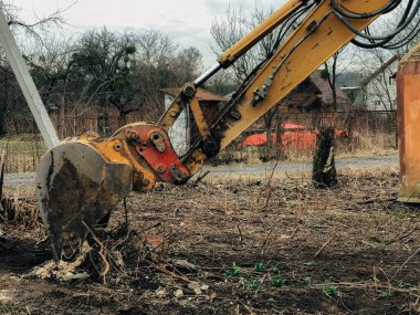 Kazıcı, kırsaldaki ağaçların kökünü kazıyor. Buldozer eski ağaçları, kökleri ve dalları toprak ve çöplerle temizliyor. Kazma makineleri. Bahçe işleri