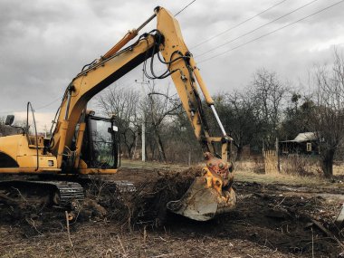 Kazıcı, kırsaldaki ağaçların kökünü kazıyor. Buldozer eski ağaçları, kökleri ve dalları toprak ve çöplerle temizliyor. Kazma makineleri. Bahçe işleri