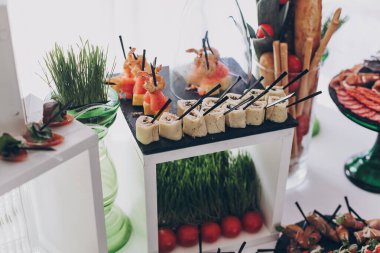 Lezzetli şarküteri, Akdeniz atıştırmalıkları, peynir ve zeytin, restorandaki düğün resepsiyonunda aperatifler. Lüks yemek servisi. Noel yemeği ziyafeti.