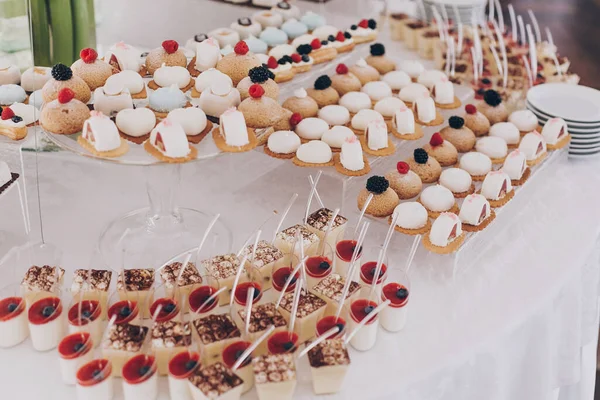 Caramelle Nuziali Deliziosi Dolci Cremosi Con Frutta Panna Cotta Torte — Foto Stock