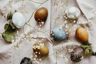 Mutlu Paskalyalar. Kırsal masa üzerindeki paskalya yumurtaları düzleşmişti. Doğal renklerle boyanmış paskalya yumurtaları ilkbahar beyaz çiçekleri ve kırsal tekstil arka planında tüyler..