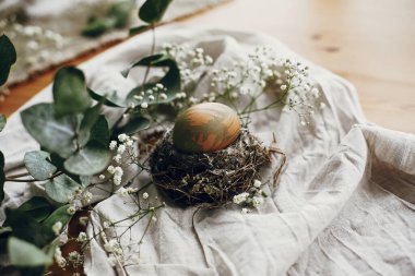 Ahşap masadaki kırsal yuvada zarif bir paskalya yumurtası. Doğal boyanmış okaliptüs dallı paskalya yumurtası, bahar çiçekleri, kırsal tekstil arka planında. Metin için boşluk