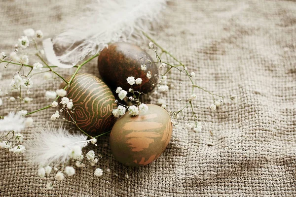 复活节快乐带羽毛的乡村鸟巢中的美味的复活节蛋放在乡村餐桌上 农村纺织品背景上有白色春花的天然染绿的复活节彩蛋 文字空间 — 图库照片