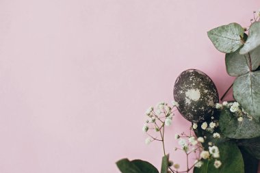 Paskalya yumurtası, okaliptüs dalı ve pembe kağıt üzerinde bahar çiçekleri, yazı için yer. Modern doğal boyanmış mermer paskalya yumurtası. Mutlu Paskalyalar. Tebrik kartı şablonu