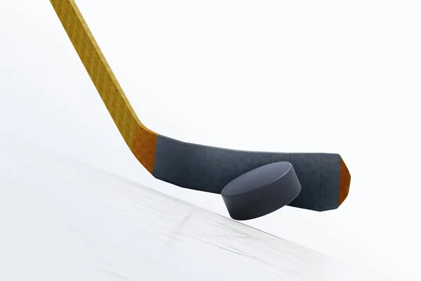 Ilustração 3d de hóquei vara e flutuante Puck no gelo — Fotografia de Stock