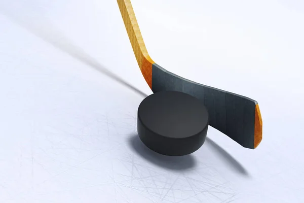 3D-Illustration von Hockeyschläger und schwimmendem Puck auf dem Eis — Stockfoto