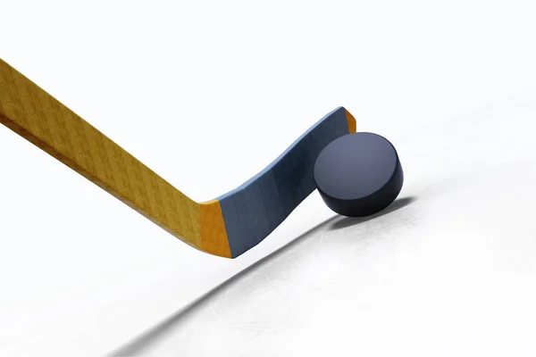 Hokey sopası ve Puck yüzen buz üzerinde 3D çizimi — Stok fotoğraf